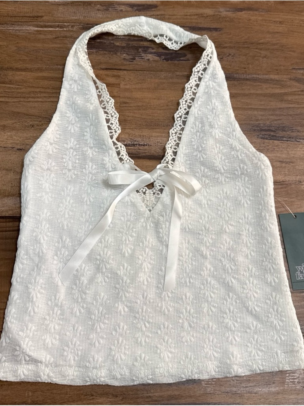 Lace-Trim White Halter Top with Bow